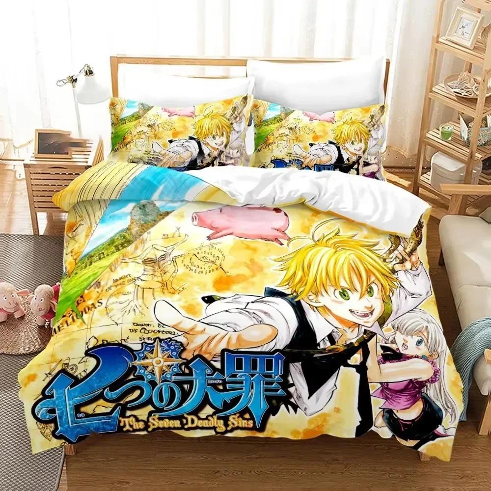 Seven Deadly Sins Anime Meliodas Bettwäsche-Set 3D-Druck Geeignet für Schlafzimmer Bettbezug-Set mit Kissenbezügen Kinder Heimtextilien AU Queen 210x210cm