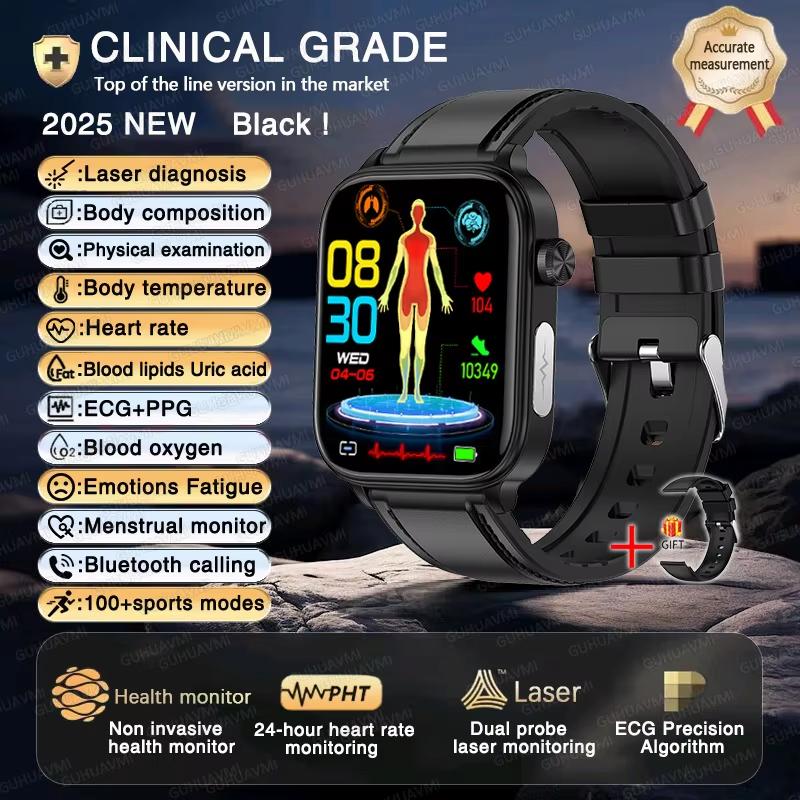 2025 Neue EKG+PPG KI Gesundheitsdiagnose Smartwatch Herren Damen Uhr Blutfett BD Harnsäure Herzfrequenz Tracker Black-Leather