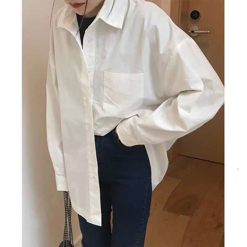 Frühling Langarm Lose Bluse Shirts Weibliche Feste Bluse Casual Street Lady Taschen Shirts Tops One Size weiß