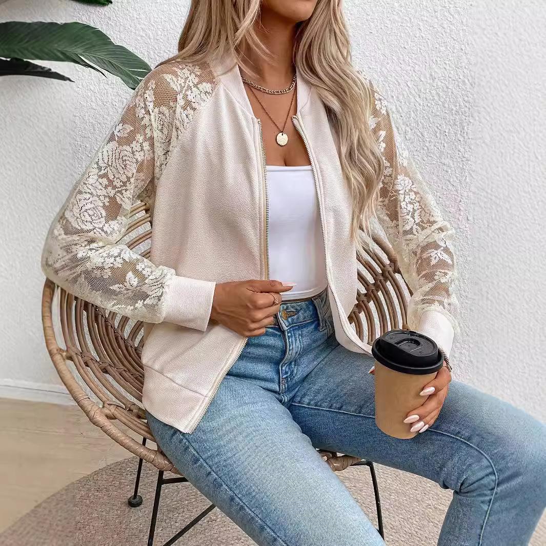 Herbst/Winter Neue Elegante Damen Spitzengenähte Langarm Baseball Kragen Jacke Jacke XXL apricot