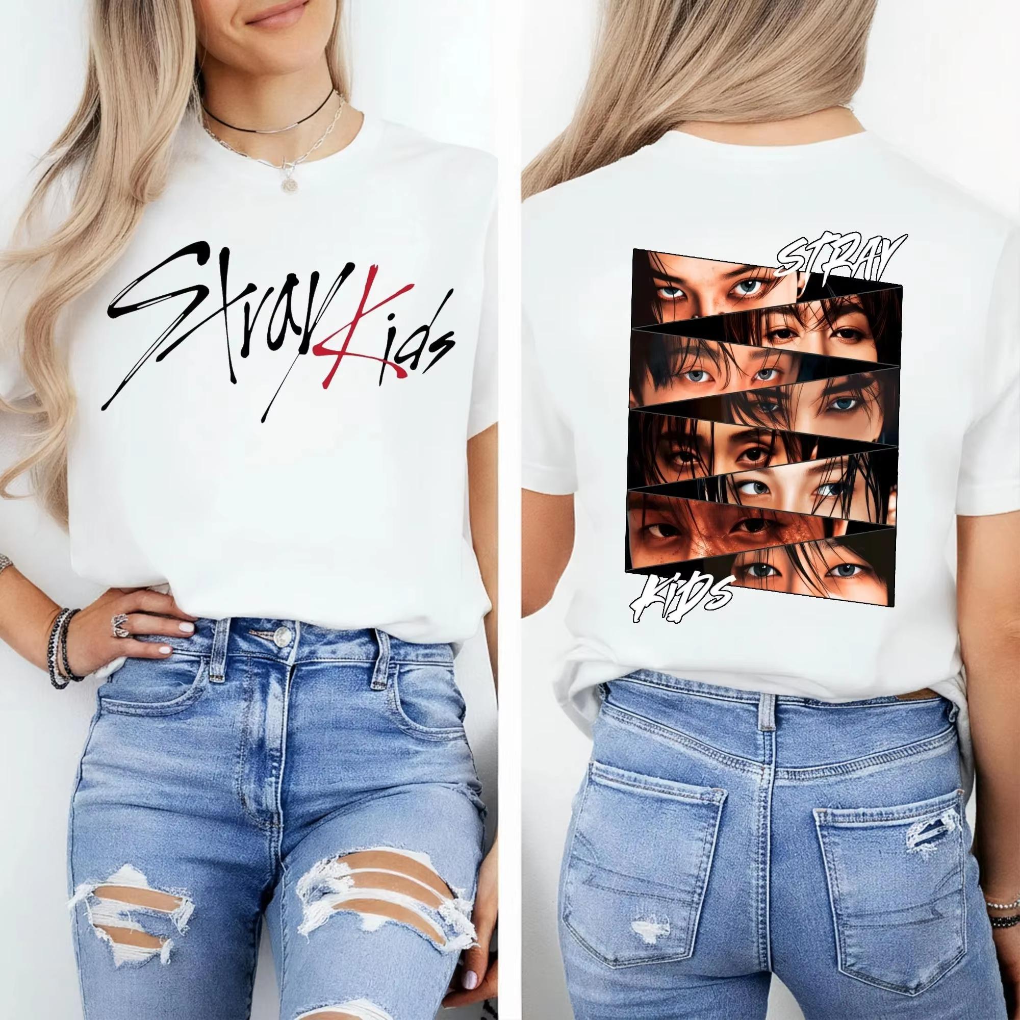 KPop Stray Kids Augen Collage T-Shirt Herren Damen Sommer Baumwolle Kleidung Vintage Hip Hop Hohe Qualität Kurzarm Streetwear Kleidung XL rosa