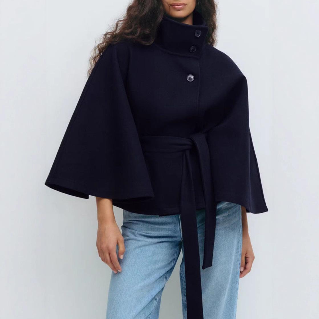 Mode Damen Schnürwolle Umhangmäntel Locker Stehkragen Fledermausärmel Knopf Schwarz Grau Jacken Herbst Streetwear XL dunkelblaue