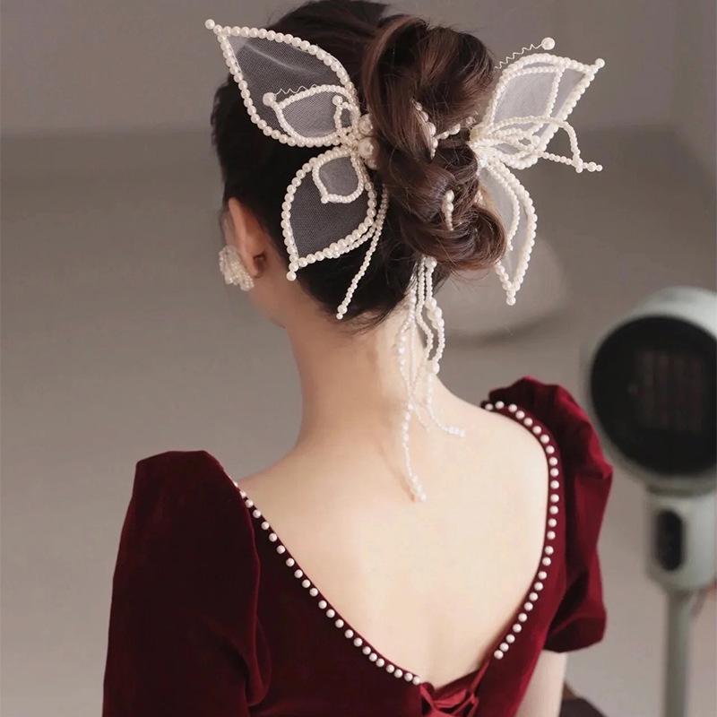 2 Stück Handgefertigte Perlenbesetzte Schmetterlingsquaste Haarspange Braut Hochzeitskleid Bankett Make-up Stirnband Haaraccessoires Haarband Dekor black