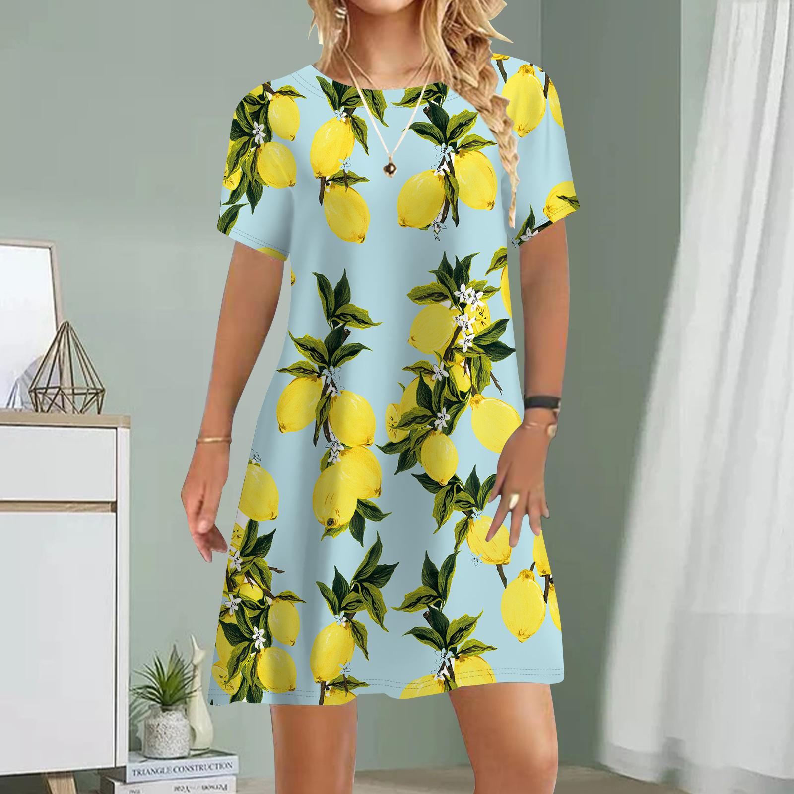 Damen Freizeitkleid Sommer Wassermelonen-Print Kleider für Damen O-Ausschnitt Kurzarmkleid Übergröße 3XL gelb