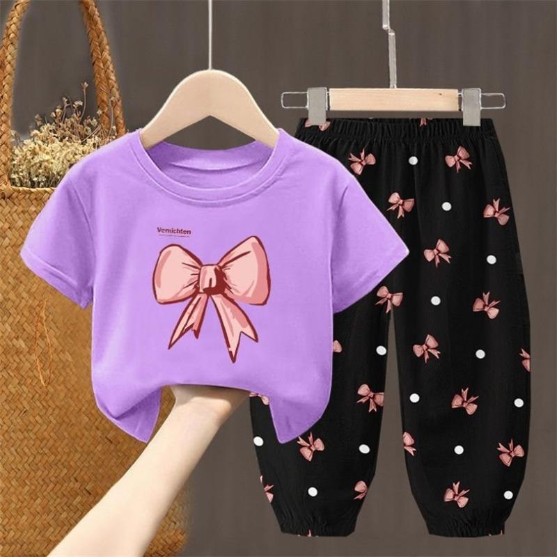 2 Teile/satz Sommer Sets Kinder Kleidung der Mädchen Kinder Kleinkind Kleidung Niedlich Mode T-shirt Top + Hosen Baby Mädchen Kleidung 90 violett