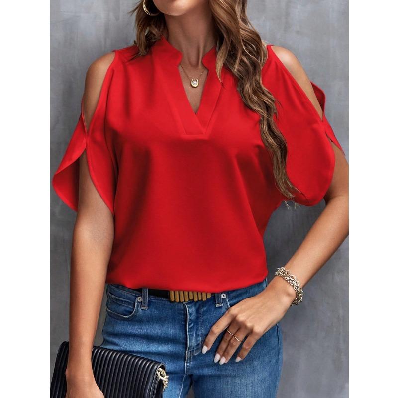 YYFS Damenmode, lässig, Sommer, Frühling, einfarbig, bedruckt, kurzärmelig, V-Ausschnitt, Blusen und Hemden M rot
