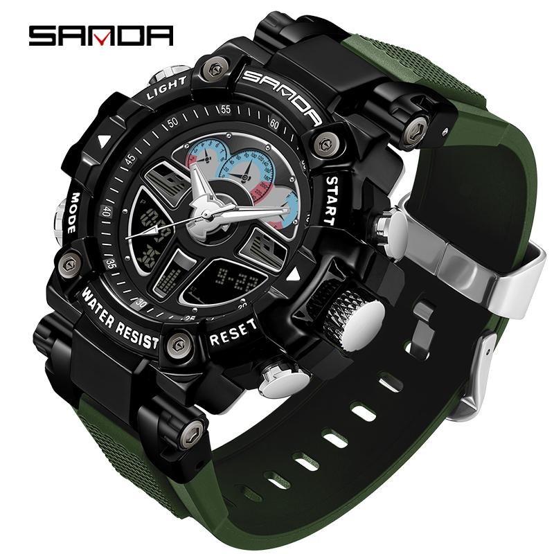 SANDA-Uhr, erhöhte Hand, Lichter, schwarze Technologie, leuchtende Fluoreszenz, multifunktionale Harajuku-Lenkrad-Sport-wasserdichte Herrenuhren