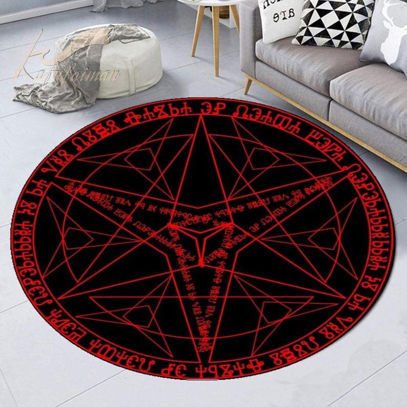 Roter Sigil von Baphomet und Luzifer, runder Premium-Teppich, personalisierter Teppich, Einweihungsgeschenk, Familien-Willkommensmatte, lustiger personalisierter Teppich 100cm