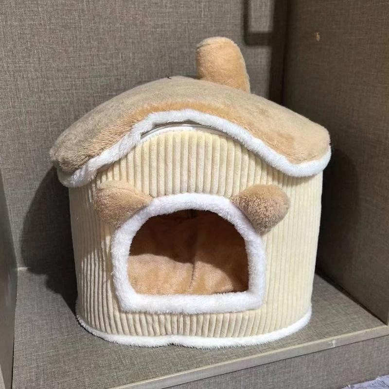 Hundehütte ist warm im Winter  Abnehmbar und waschbar  Hausförmige Hundehütte  Geeignet für alle Jahreszeiten  Kleine Hund Winter Halboffene Zubehör 45* 40* 28cm beige