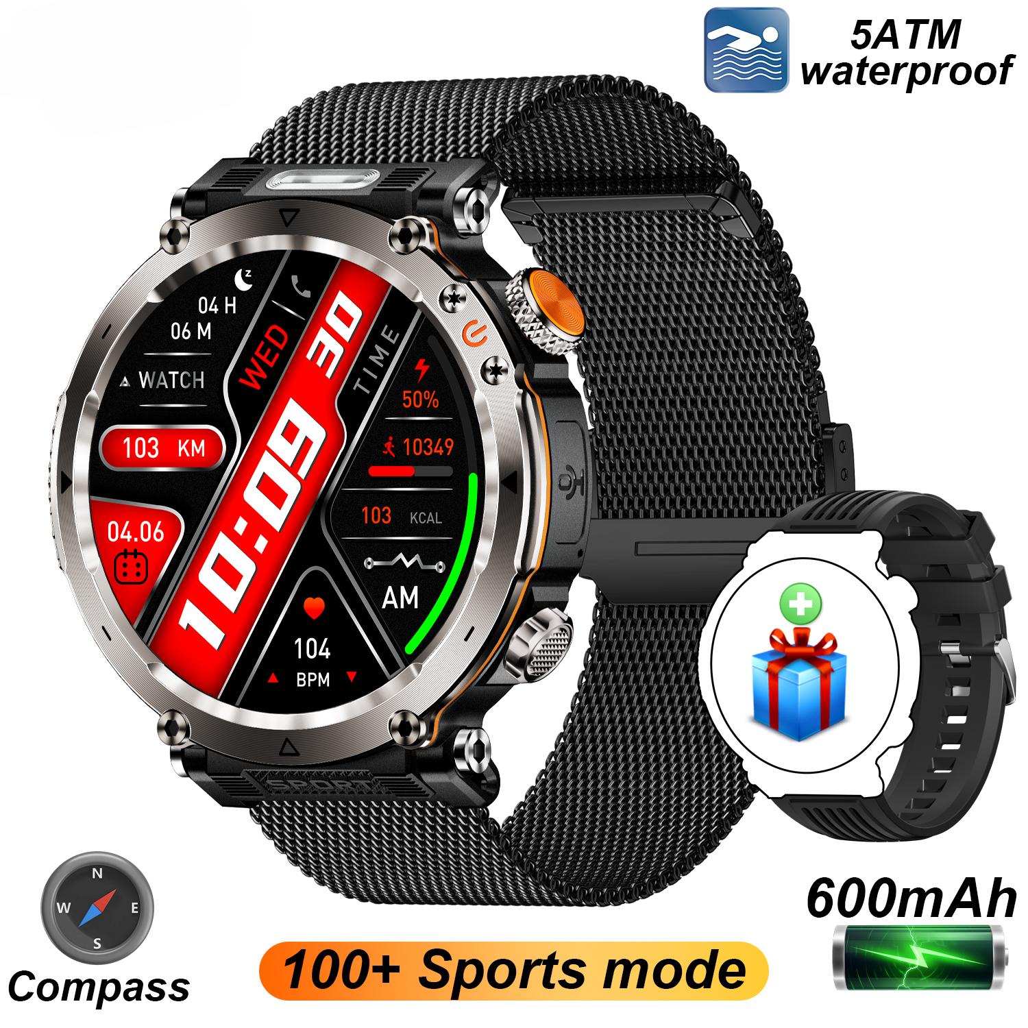 2025 Neue 5ATM Outdoor Smartwatch Herren 600mAh LED Taschenlampe Smartwatch Kompass Bluetooth Anruf Herzfrequenz IP 68 Sport Smartwatch Black-Mesh