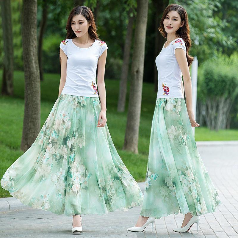 Sommer Neue Chiffon Rock Lang Plus Größe Rock Bohemian Floral Große Schaukel Weibliche Strand Rock Langen Rock frauen A-linie rock M