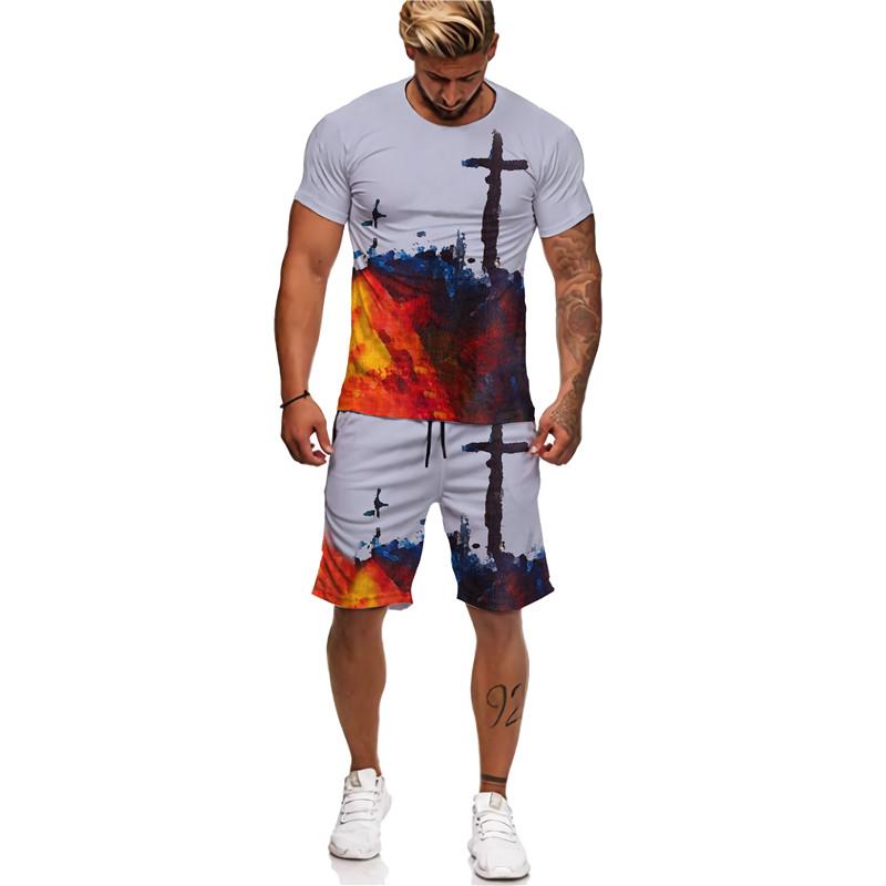 3D Jesus liebt alle christliches T-Shirt Sommer Herrenanzug Kurzarm Shorts Löwe Kreuz Print Streetwear 2 Stück Activewear 3XL