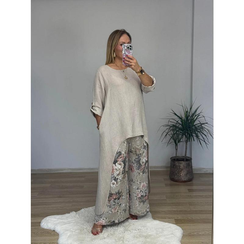Damenmode Lässig Frühling Herbst Blumenmuster Druck Langarm O-Ausschnitt Hosen Hosen Anzüge XXXL beige