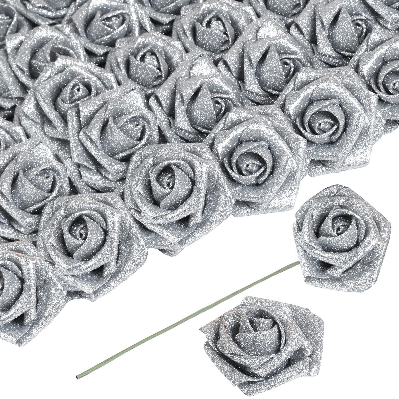 60 Stück Künstliche Blumen Goldene Rosen Künstliche Glitzerrosen Blumen 2,16 Zoll Schaumrosen Falsche Rosen mit Stiel für Hochzeitsfeier DIY Mittelstücke Dekoration 60 Pcs silber