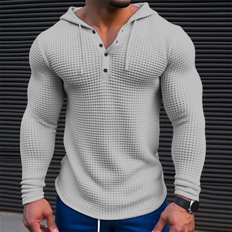 Herren Waffel Top Geknöpft Hoodie T-shirt Urlaub Langarm Casual Fashion Shirts Herren Hoodies & Sweatshirts Herren XXXL graue