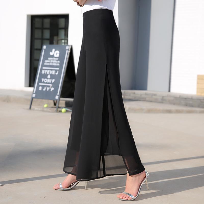Frauen Damen Vintage Lose Hohe Taille Lange Hosen Chiffon Side Split Casual Palazzo Hosen Breite Bein Hosen pantalones XS schwarz