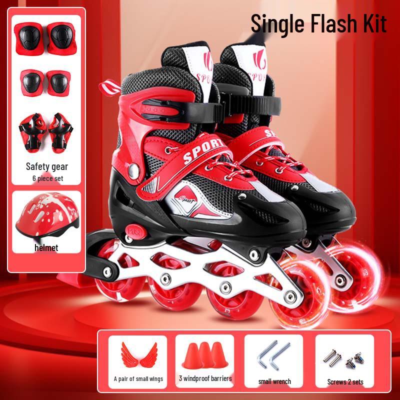 Verstellbares Kinder-Inline-Skates-Set mit PVC-Blinkrollen, Helm und Schutzausrüstung Adjustable Small (Fits Size 26-32) rot
