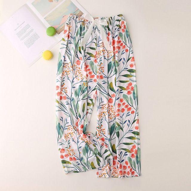Sommer-Pyjamahose aus Baumwolle und Seide für Damen, Nachtwäsche mit Blumenmuster, Hose mit weitem Bein, übergroße, lockere, lange Hose mit Blumenmuster One size