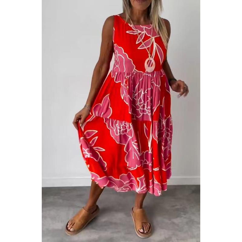 Sommer Damenmode Bedrucktes ärmelloses Kleid zum Binden XL rot