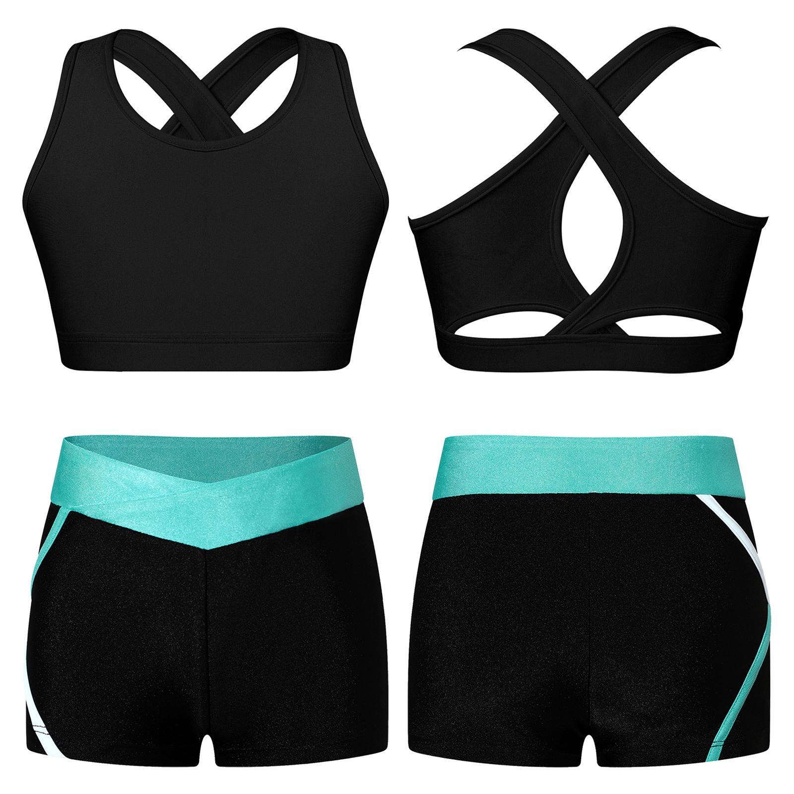 Mädchen Bikini Tankini Set Tank Top + Shorts Zweiteiliger Sportanzug Activewear Kinder Balletttrikot Sportset Tanzkleidung 7-8 Years blau/schwarz