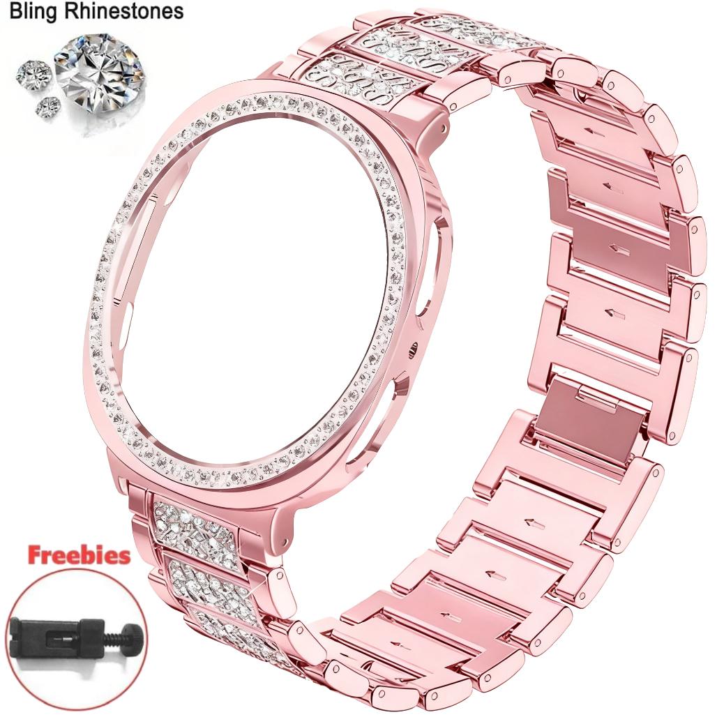 Diamant Metallband für Samsung Galaxy Watch 8 40mm 44mm Bling Armband + PC Schutzhülle für Samsung Galaxy Watch8 Classic 46mm Bänder Galaxy Watch 8 40mm rosa