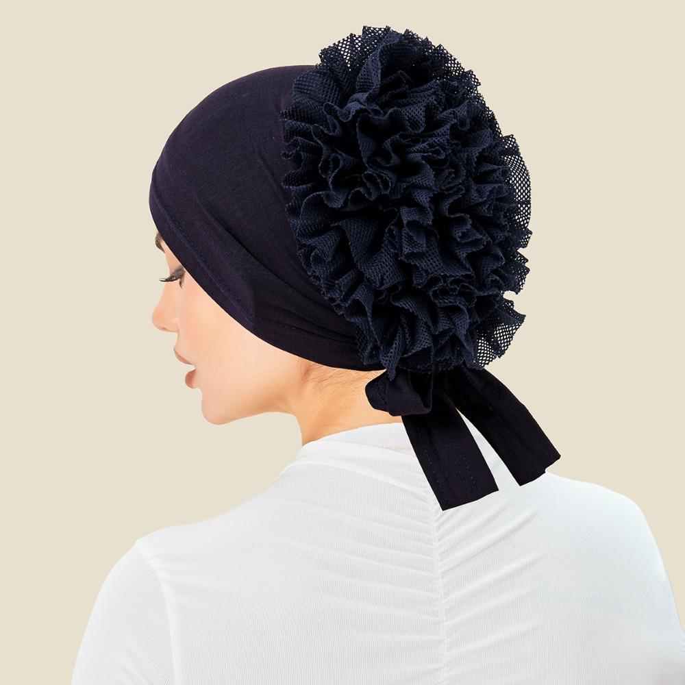 Einfarbige vorgebundene Hijabs Mit Blumen-Spitzenrückseite Dünne Modal-Turbanmütze Dehnbarer Hijab mit Bindeband hinten Innenkappen für Hijab Damen Kopfbedeckung navy blau