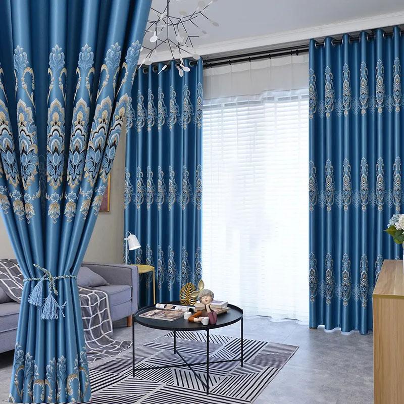 Vorhang Haushalt Verdunkelungsvorhang Wohnzimmer Französisch Fenster Vorhang Abgeteilt Balkon Sonnenschutz Verdickte Jacquard Vorhänge Stange 170*270cm*2pcs blau