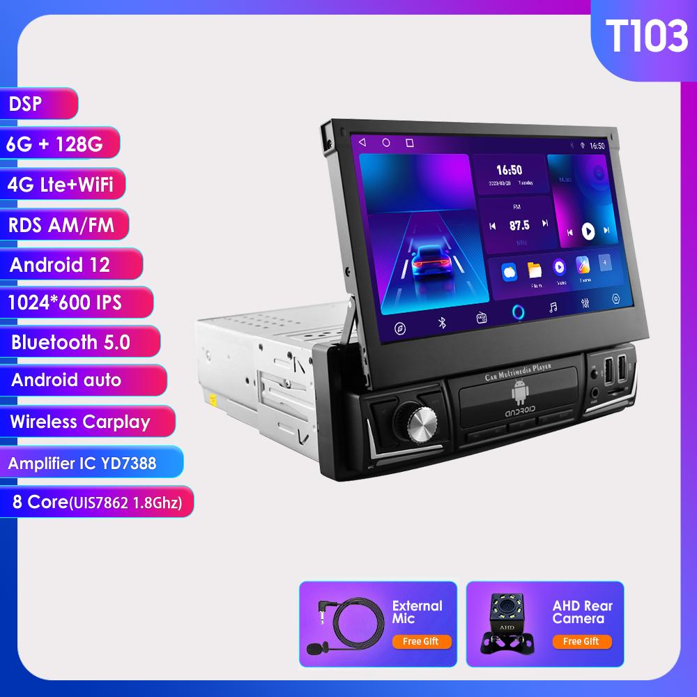 Autoradio Hizpo 7'' Single 1 Din AutoRadio CarPlay GPS Navigation Einziehbarer Bildschirm 1Din Android 12 Multimedia Player Universal Audio Video Head Unit TS03 8Core 4G+64G AHDC1
