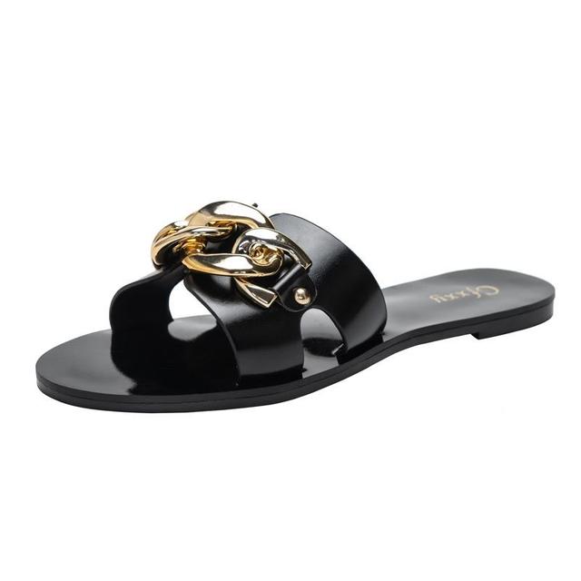 Große Größe Neue Damen Sommer Pantoletten Mode Schwarz Metallkette Verziert Flach Mit Mode Damen Sandalen Runde Zehen Strand Schuhe 41 schwarz