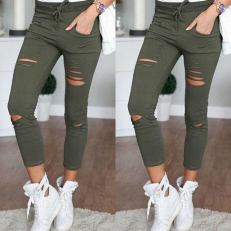 Cargo-Hosen für Damen, modisch, schlank, hohe Taille, dehnbar, dünn, gebrochenes Loch, Bleistifthose, einfarbig, Streetwear-Hose L armee grüne