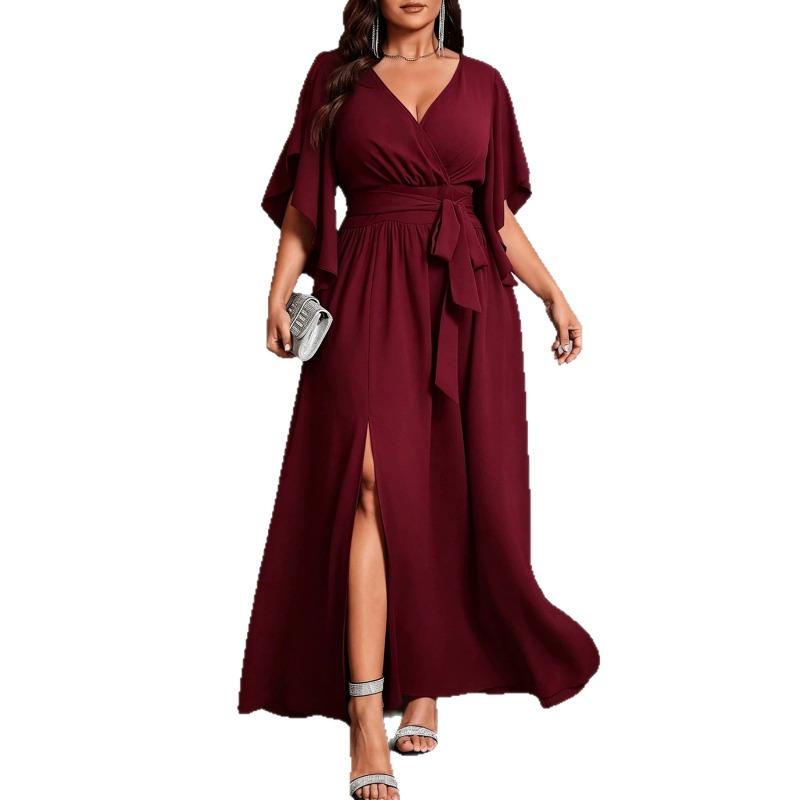 Übergröße Damen Kreuz V-Ausschnitt Rüschen Kurze Ärmel Hohe Taille Langes Bankett Abendkleid 4XL claret