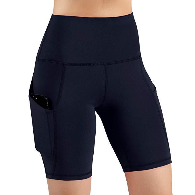 Damen-Yoga-Shorts mit hoher Taille und Taschen, kurze Laufsport-Athletik-Yoga-Shorts, Sporthose M dunkelblau