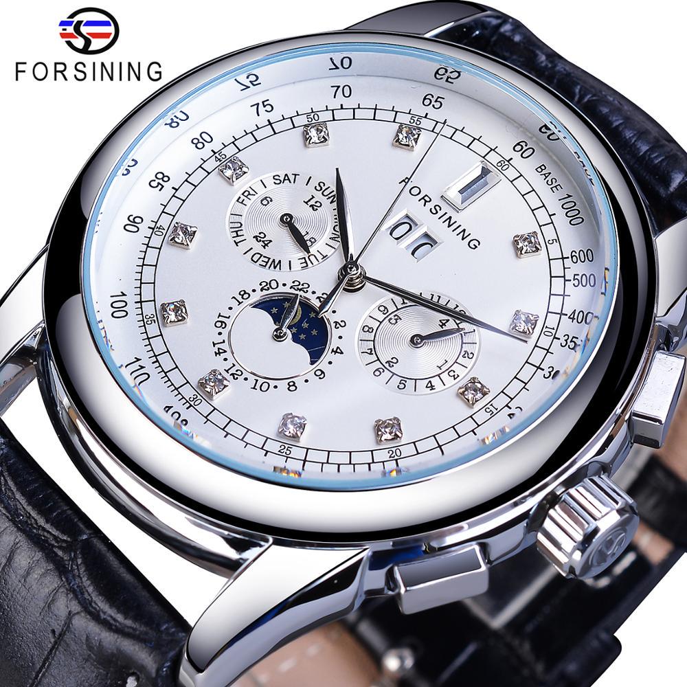 Forsining Mondphase Shanghai-Bewegung Roségoldgehäuse Braunes Echtlederarmband Herrenuhren Top-Marke Luxus Auotmatic-Uhr silber/weiß