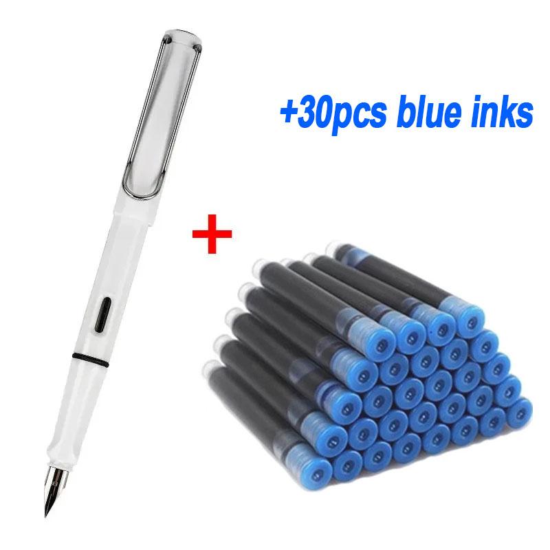 0,38 mm Füllfederhalter-Set mit 30 Tintennachfüllungen, Schulbedarf für Schüler, Kawaii-Briefpapier, Kalligraphiestift zum Schreiben 30pcs blue inks weiß