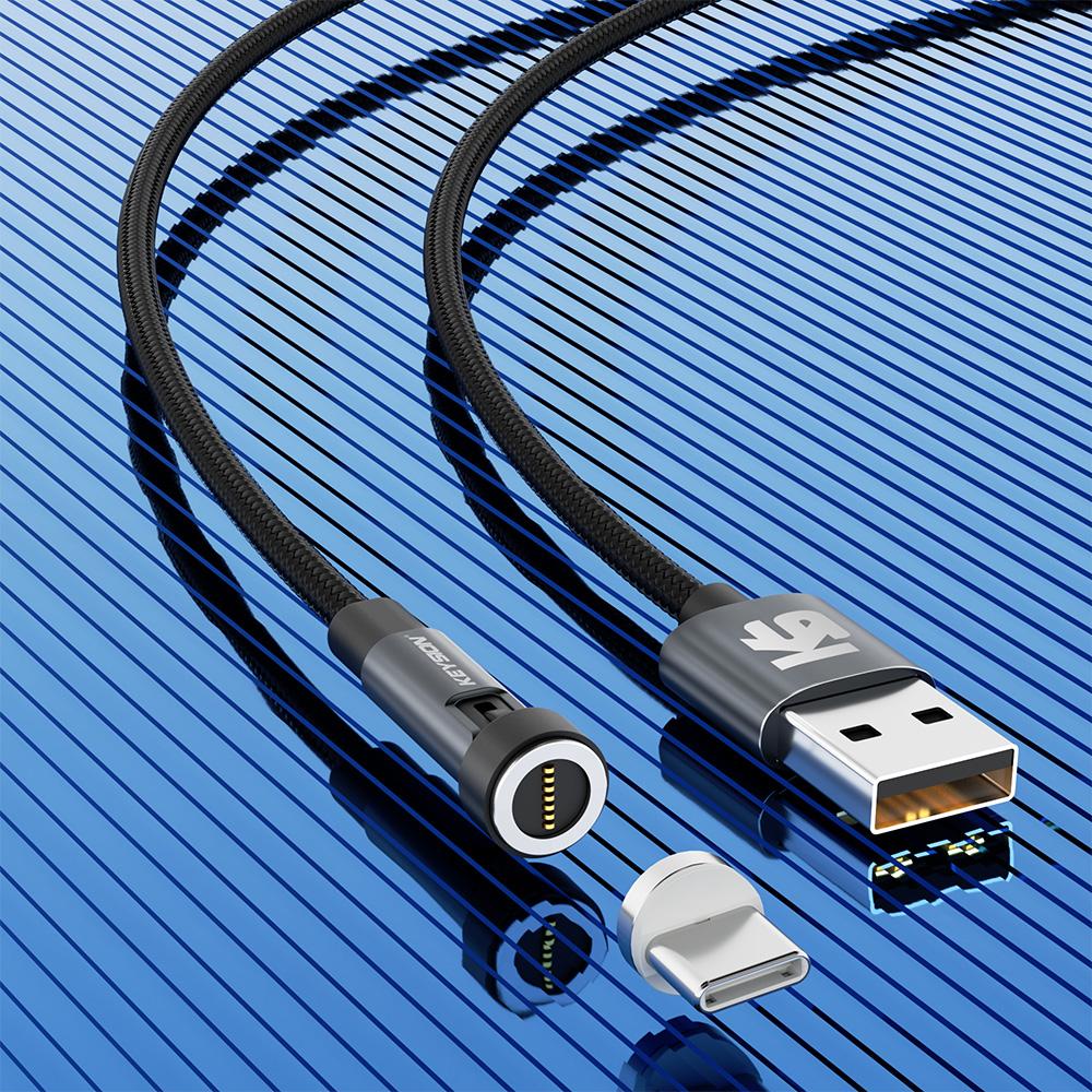 KEYSION 5A Magnetisches USB-Kabel, drehbares Gaming-Kabel, Schnellladung, Typ-C-Kabel, Magnet-Ladegerät, Daten, Micro-USB-Handykabel for Type-C 2m 5A grau