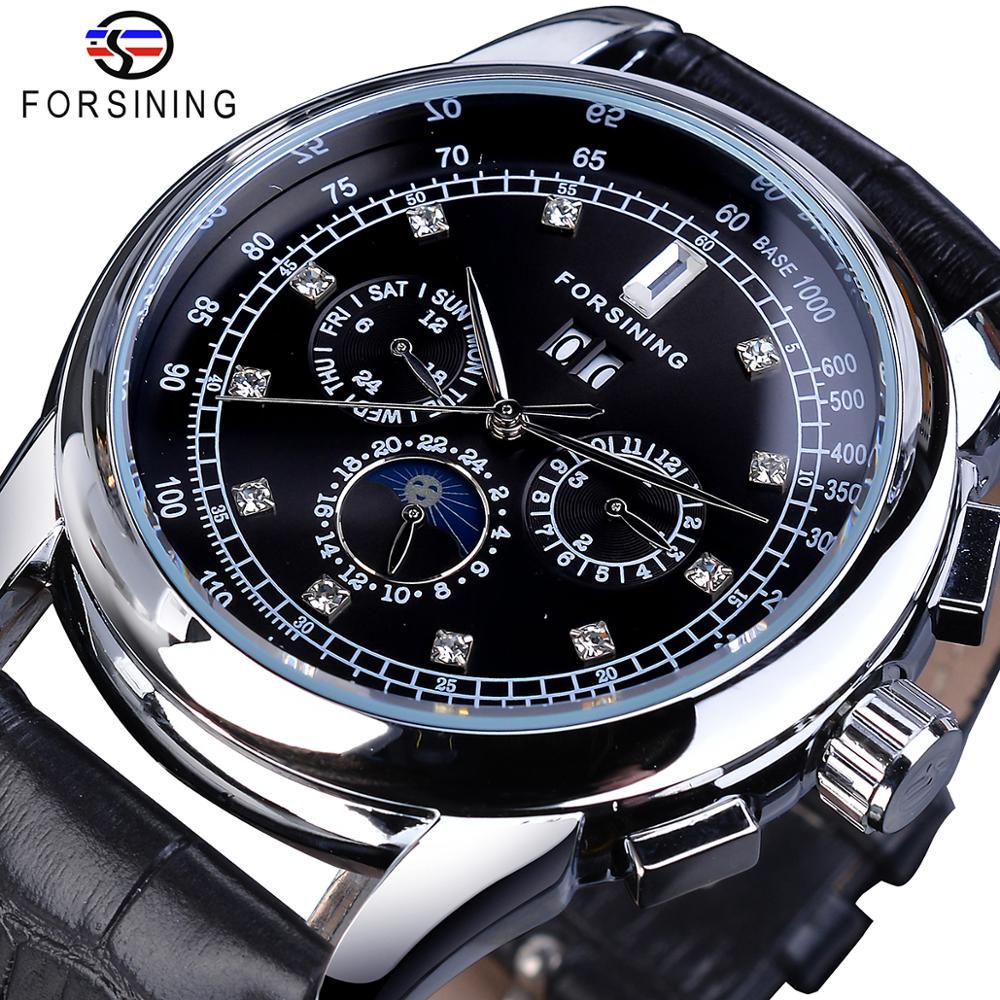 Forsining Mondphase Shanghai-Bewegung Roségoldgehäuse Braunes Echtlederarmband Herrenuhren Top-Marke Luxus Auotmatic-Uhr schwarz/silber