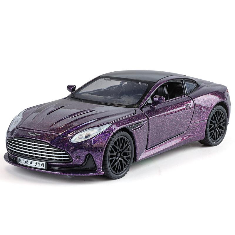 Aston Martin DB12 GT Super Tourer V8 Super GT, Maßstab 1/32, Miniaturauto aus Metalldruckguss, Modellauto mit Sound und Licht, Kinderspielzeugauto, Fahrzeuggeschenke violett