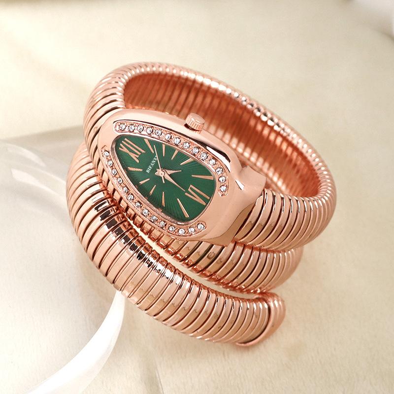 Schlangenförmige Armbanduhr für Damen, Armband-Uhren, glitzernde Strass-Quarz-Armbanduhr