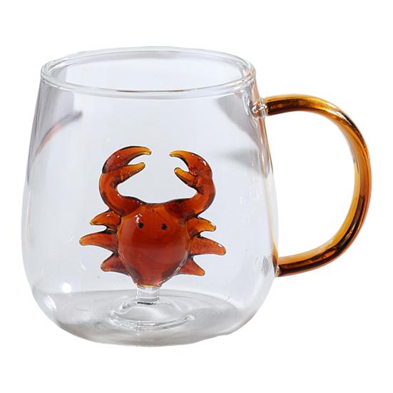 Handgefertigtes Glas Tier Pflanzenform Transparentes Wasserglas Niedliches Kaffee Milch Trinkglas mit buntem Henkel Crab