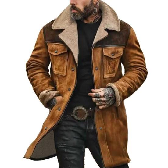 Herrenjacke mit großem Plüschrevers, langen Ärmeln, Vintage-Wildlederjacke mit Taschen, Reißverschluss, mittellanger Motorradmantel XL kamelfarben