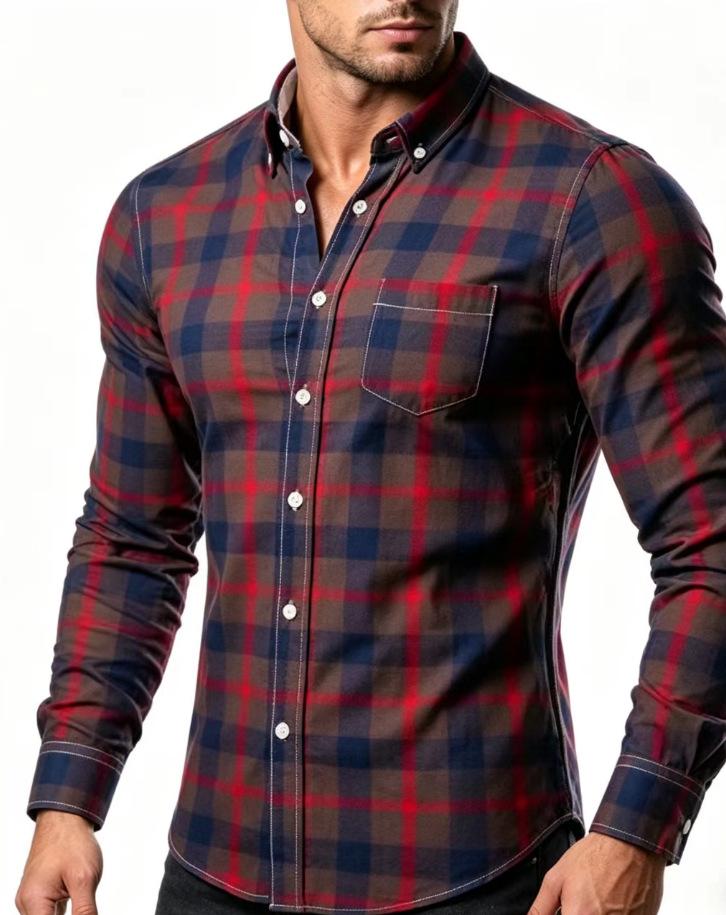 Herrenmode Kariertes Langarm Casual Übergröße Herrenhemd M rot