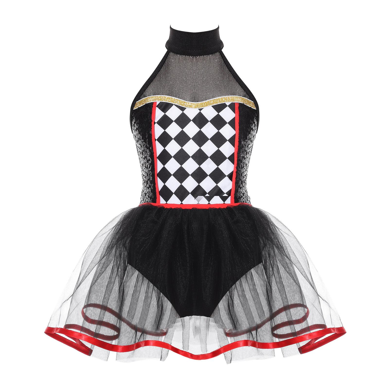 Mädchen Clown Tutu Kleid Neckholder Pailletten Schachbrett Body Halloween Tanzkleidung Kostüm 11-12 Years schwarz