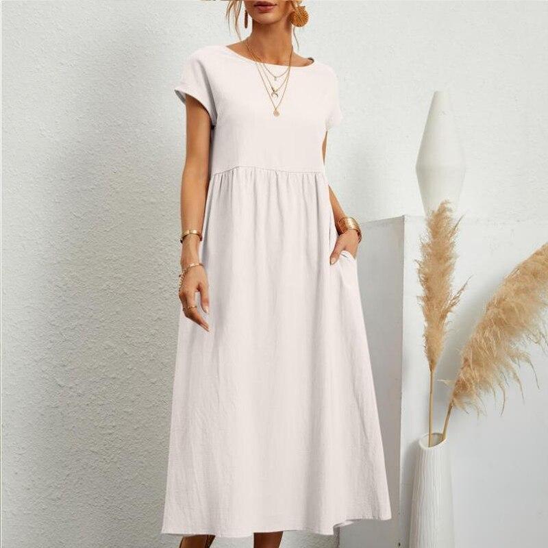 Sommer Beiläufige Lose Kleid Frauen Kurzarm O Neck EINE Linie Frau Kleid Mit Tasche Büro Dame Baumwolle Leinen Kleider 24647 XL white
