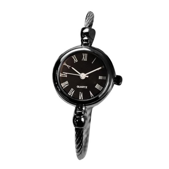 Damen-Armbanduhr im Retro-Stil, Edelstahlarmband, rundes Zifferblatt, Quarz-Armbanduhr schwarz