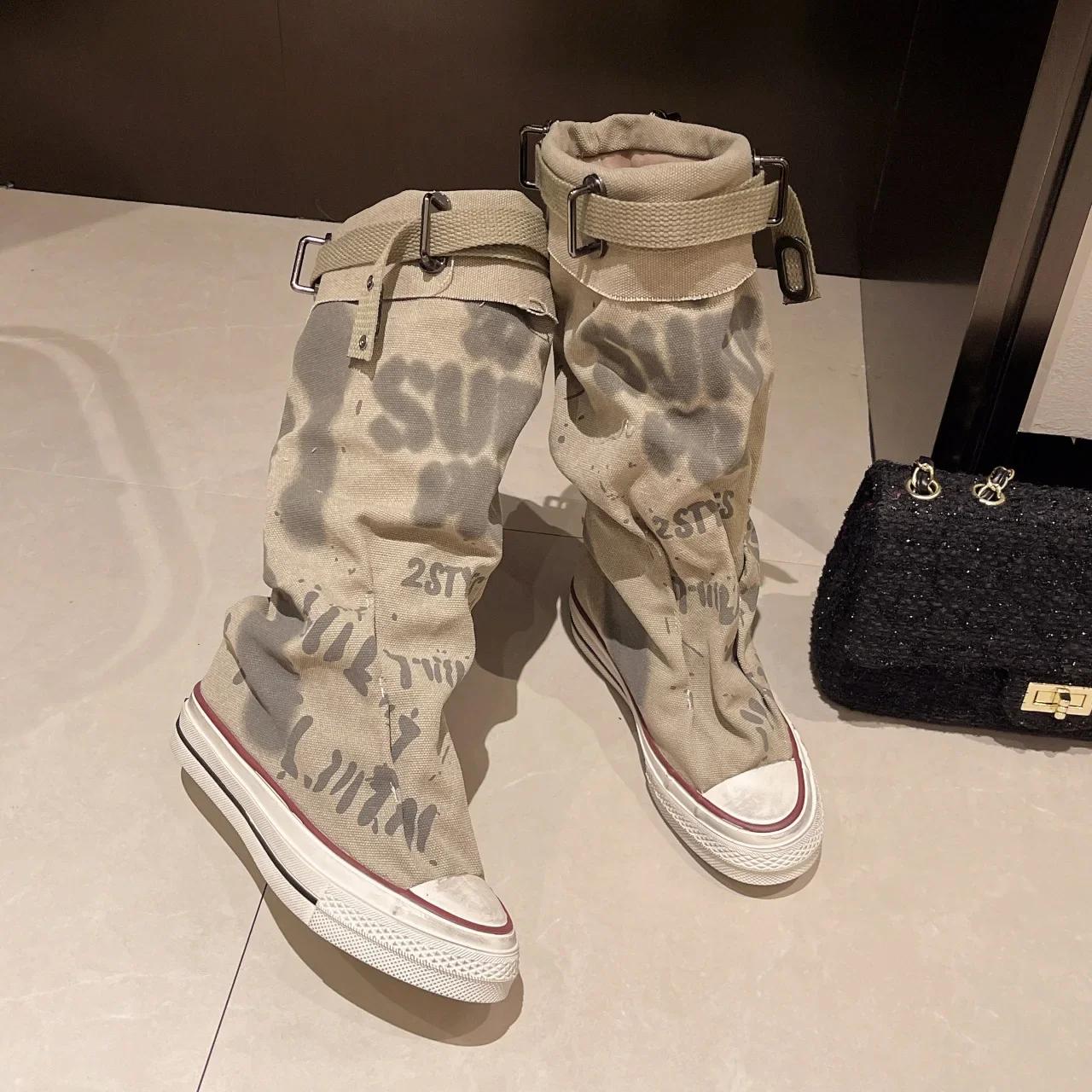 High Top Canvas Stiefel für Damen Trend Lange Stiefel Graffiti Flats Lässige Vulkanisierte Schuhe Neue Hosen Schaft Stiefel 40 khaki