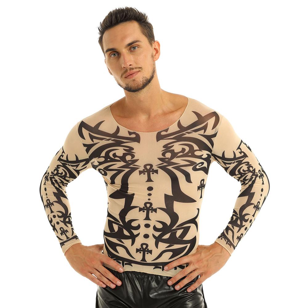FEESHOW Männer Fake Tattoo Design Elastisches Langarm T-Shirt Pullover Tattoo Mesh O-Ausschnitt T-Shirt Für Halloween Kostüme Karneval Shirts S