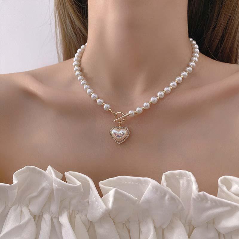 Elegante Perle Perlen Halskette für Frauen Damen Mode Strass Shell Herz Pendent Halskette Halsband Schmuck LXY