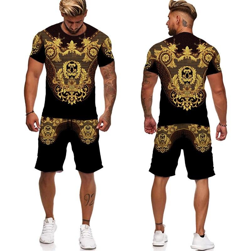 Sommer Goldene Muster 3D Gedruckt männer Zwei Stück Set Trainingsanzug Barock Stil T-Shirts + Shorts Anzug Hipster Streetwear Kleidung 6XL