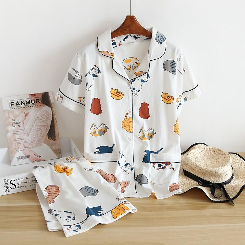Neues Pyjama-Set aus 100 % Baumwolle mit kurzen Ärmeln und Shorts für Damen, niedlicher Cartoon-Pyjama, japanischer einfacher kurzer Pyjama, Damen-Nachtwäsche M