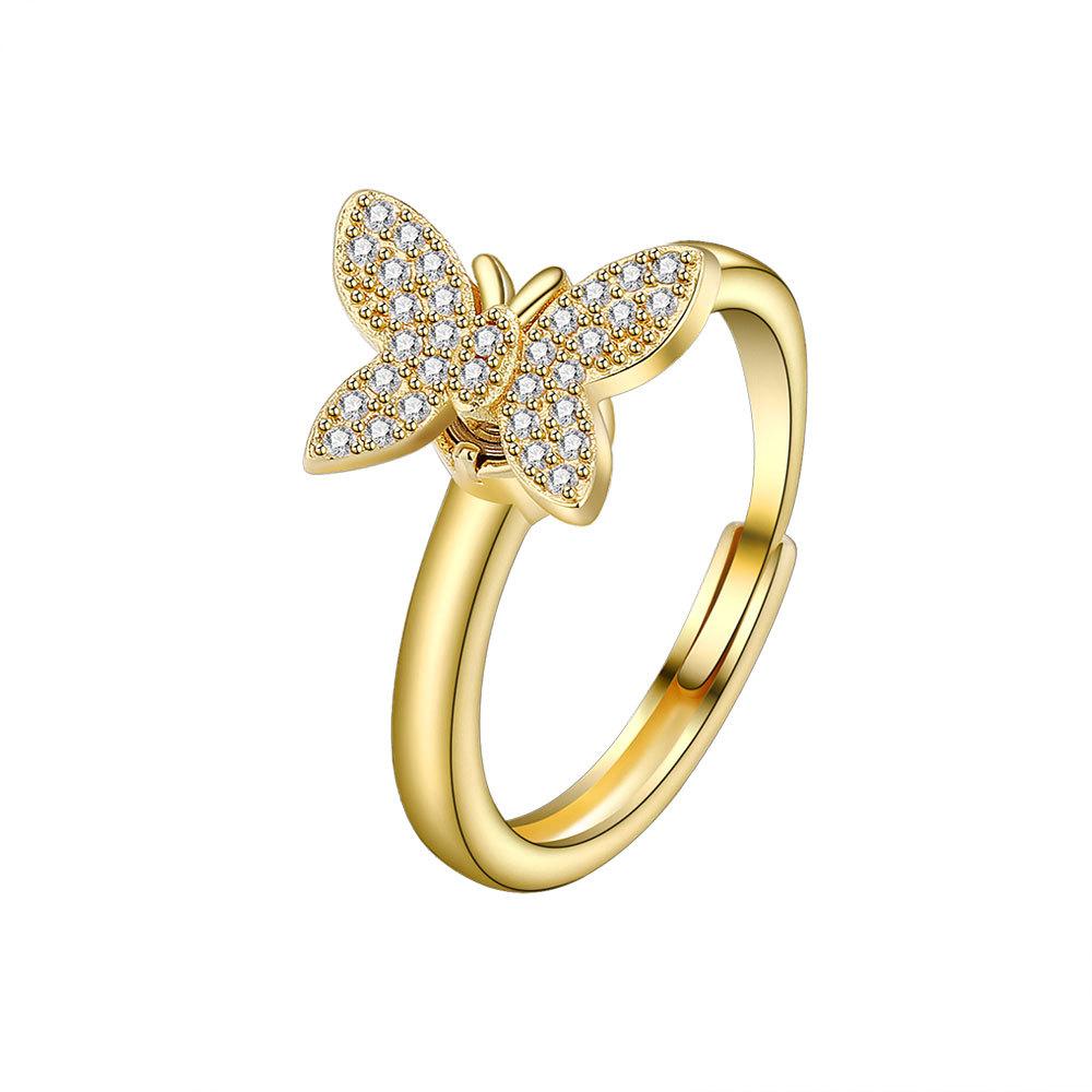 Zarter Schmetterlings Angstring für Damen Metall Kupfer Eingelegter Strassstein Spinner Fidget Anti-Stress Verstellbarer Offener Ring resizable beige